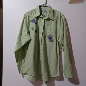 LasOlas Long Sleeve Button Up Womens Large Green White With Purple Grapes Pre...